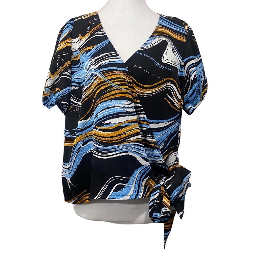 Nine West Silky Wrap Puff Sleeve Abstract Color Wave Top Size L